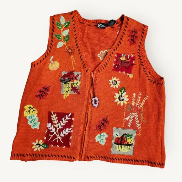 Holiday Editions Fall Knit Vest Womens XL Orange Embroidered Pumpkins Leaves VTG - Picture 1 of 6